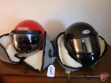 Simpson red helmet and Bell Sno Rider full face snowmobile helmet, both with cases