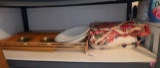 Quilt, enamel dish, wood drying rack, barometer