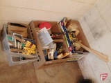 Painting supplies: rollers, brushes, mixing sticks, outlet covers, tape, roller handles,