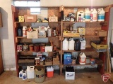 Shelf and contents: hardware, nails, nuts bolts, washers, tool boxes, engine oils, bar oil,