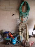 Fertilizer spreader, sled, hedge trimmer, shears, pick shovel, garden hose, fence, plumber snake,