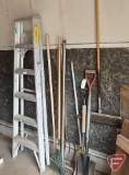 6' aluminum step ladder, rakes, transfer shovel, broom, squeegee, pitchfork