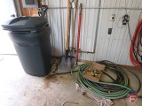Garbage cans, ice melt salt, tile spade, impact chisel, garden hoses, hose connectors