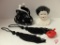 Glass purse shaped vase, (2) beaded tassels, ceramic doll head, miniature covered chicken dish with