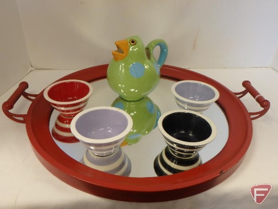 15in round mirrored bottom tray, bird pitcher 5inH, and striped ceramic finger bowls. 6 pieces