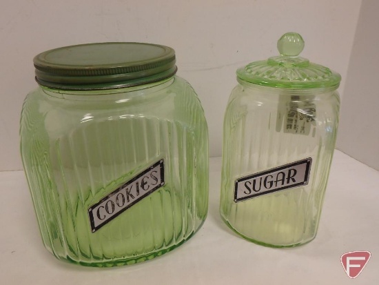 Vintage green depression glass sugar canister and cookie jar. 2 pieces