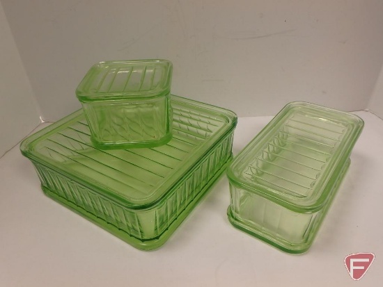 Green depression glass refrigerator dishes. 3 dishes. Contents of 2 boxes
