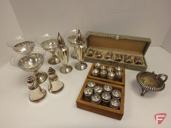 Metal items, some sterling, salt/pepper shakers, ashtray, dessert cups with glass inserts.