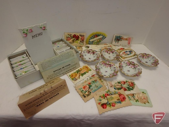 Porcelain placecard set, porcelain finger bowls, and vintage greeting sample cards.