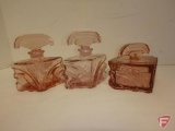 Pink glass perfume bottles and trinket dish, from Czechoslovakia. 3 pieces