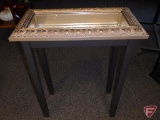 Painted wood display table with framed glass lift-off top and mirror bottom, 28inHx22inWx11.5inD