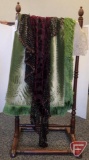 Wood quilt stand, vintage triangle scarf with beaded lace trim, Sheffield & Galloway throw, and