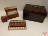 Wood box with playing cards, wood dice box with poker dice, vintage Craftmaster Mahjong game set,
