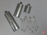 Set of English Pewter flasks and Alpaca olive picks with sterling silver tops