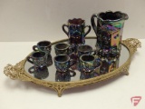 Carnival glass cream/sugar and child's cups, footed metal framed mirror.