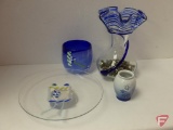 Glass vase with ruffled top, B&G Denmark 671 vase, blue glass vase, and glass pedestal plate