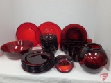 Ruby Red glass items, plates, bowls, glasses, coasters, vase. Contents of 2 boxes