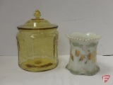 Yellow depression glass cracker/cookie jar with cover and porcelain spoon holder with gold foil