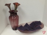 Purple glass vase 12inH with glass fluted flowers and purple glass centerpiece bowl with