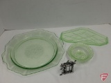 Green depression glass items, platter, bowl, and tray, and picture frame 3in, not all matching, 4
