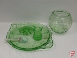 Green depression glass items, platter, vases, flower frog not all matching and magnifying glass with