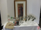 Holiday stemware, glass ornaments and stir sticks, 3 candle jars, and