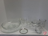 Clear glass items, platters, cake plate, cracker holder, sundae cups, containers, bowl