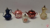Vintage Christmas ornaments, teapots and cups