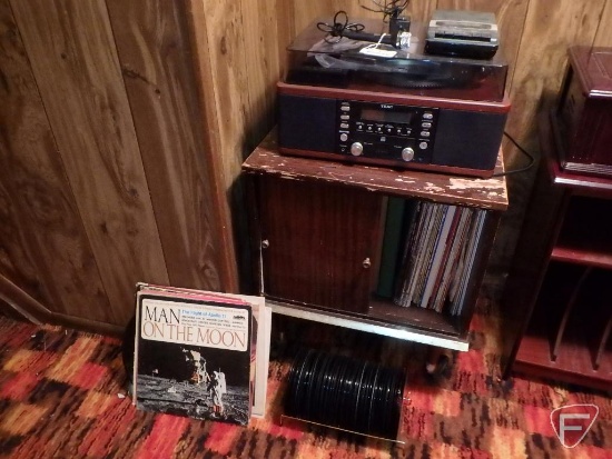 Teac LP-R500 record player, record shelf, Radio Shack CTR-111 cassette recorder,