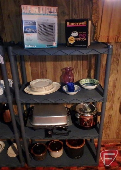 Poly shelf and contents: slow cookers/crock pots, dishes, air purifier, and electric rotisserie