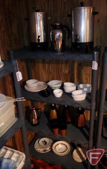 Poly shelf and contents: Libbey stoneware dishes, insulated coffee servers, and