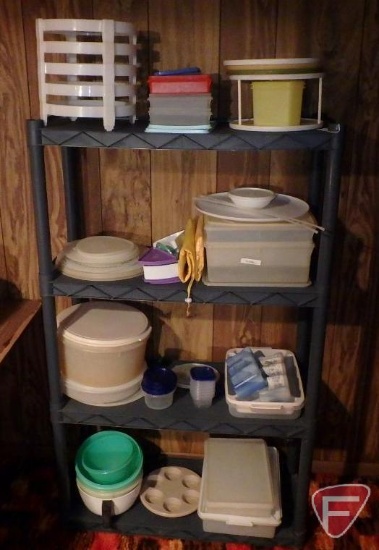 Poly shelf and contents: Tupperware containers and ice packs