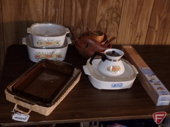 Corning ware covered baking dishes, glass baking pans, wood dishes, and kitchen drawer dividers