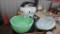 Sunbeam Mixmaster countertop mixer with Jadeite mixing bowl and green Pyrex covered casserole