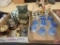 Metal owl bookends, inkwell, metal stamp handle, Copenhagen porcelain bells, clown figurines,