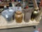 Metal items, can with lid, painted cream can with lid, vase, and ash bucket. 4 pieces