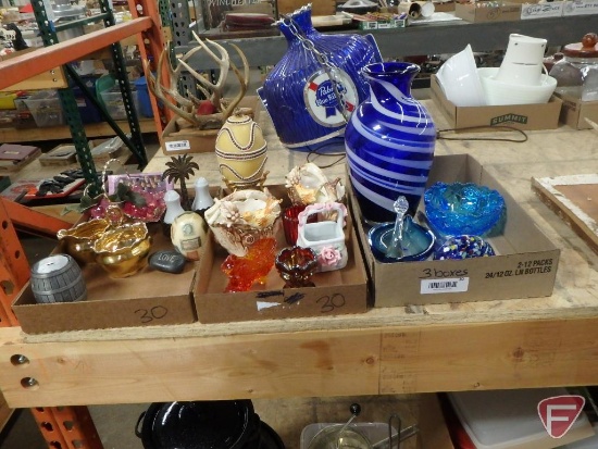 Blue and red glass items-candy dishes, candle holder, vases, porcelain vases,
