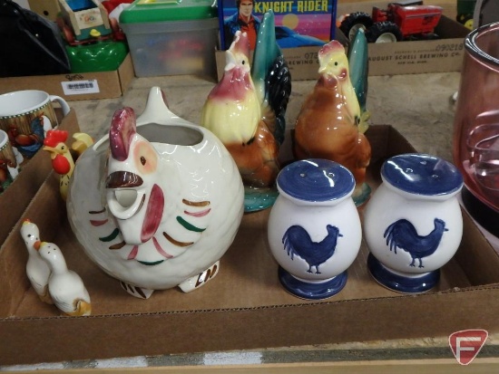 Chicken/rooster items, figurines, salt/peppers, pitcher, mugs, and decorative plates.