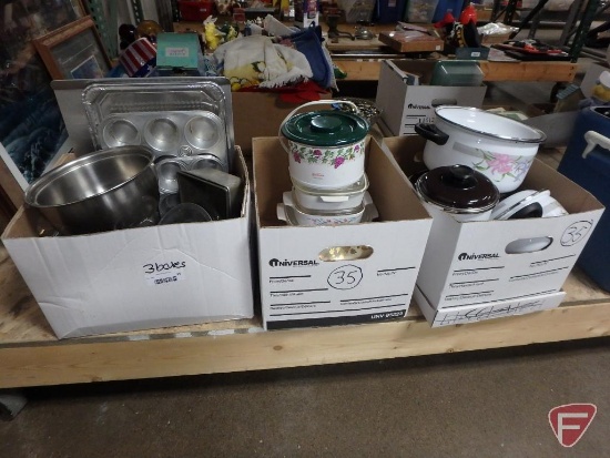 Metal and glass bakeware, casserole dishes, Sunbeam slow cooker, pots with covers