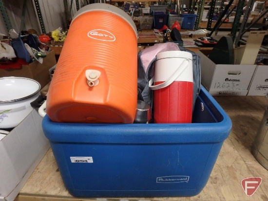 Rubbermaid chest cooler, Gott beverage cooler, (2) stainless steel thermos, Igloo S'Cool Mate.
