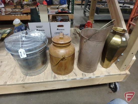 Metal items, can with lid, painted cream can with lid, vase, and ash bucket. 4 pieces