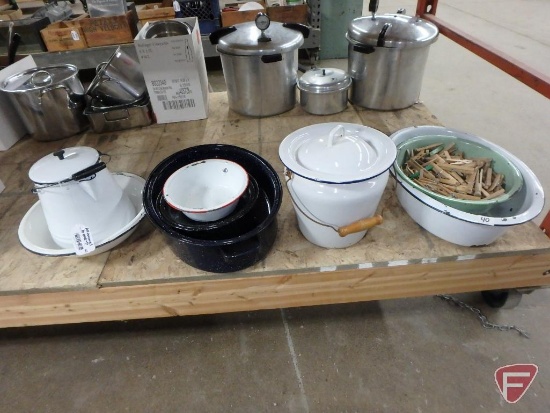 Enamel items, basins, one green, roasters, coffee pot, covered pot, and wood clothes pins