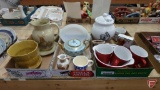 Pfaltzgraff mugs, Sudlow's teapot, Fire King covered casserole dish, rooster cookie jar, mugs, vases