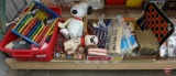 Toys, some vintage, Playskool abacus, Wolverine metal adding machine, wood blocks, plastic dishes,