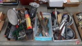 Collection of vintage kitchen utensils, ladles, tongs, graters, sifters, knives, flatware, funnels,
