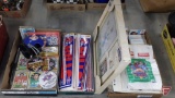 Sports trading/collector cards, bumper stickers, buttons, Warren Moon framed memorabilia print.