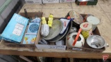 Tins, water can, scale, pie plates, Jello molds, metal letter organizer, metal mailbox.
