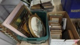 Vintage and new framed prints and frames. Contents of tote and box