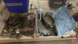 Metal items, easel with two shelves, platters, hooks, magazine racks, coffee pot, trays.