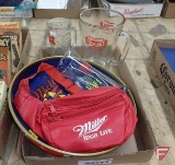 Miller High Life items, glass pitcher, mug, glass, metal tray, waist pack